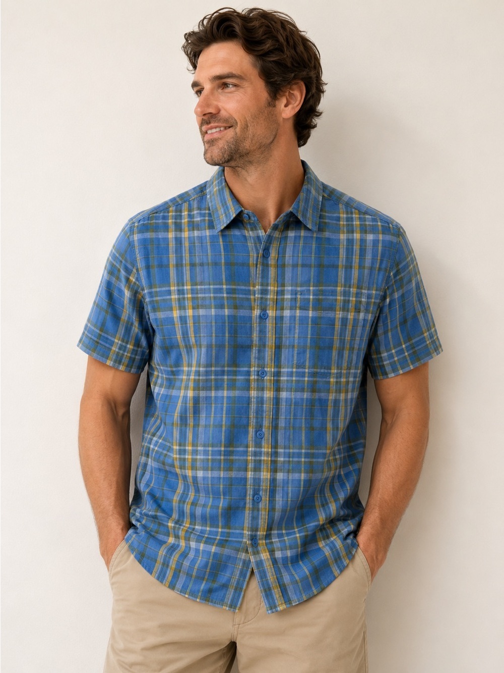 Prana Organic Cotton Slim Fit Blue Plaid Button Down Shirt Short Sleeve Medium
